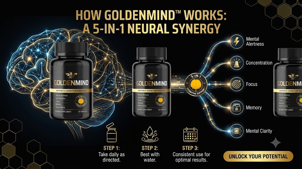 How GoldenMind works: 5-in-1 neural synergy for mental alertness, concentration, focus, memory and mental clarity